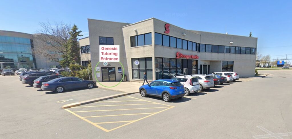 the genesis tutoring building and parking lot. there are two doors. the one under the Scotia bank on the right is not ours. the one circled in green on the left is. 