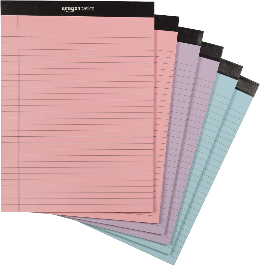 six pads of paper, two of which are pink, two purple, two blue, all pastel, by Amazon Basics
